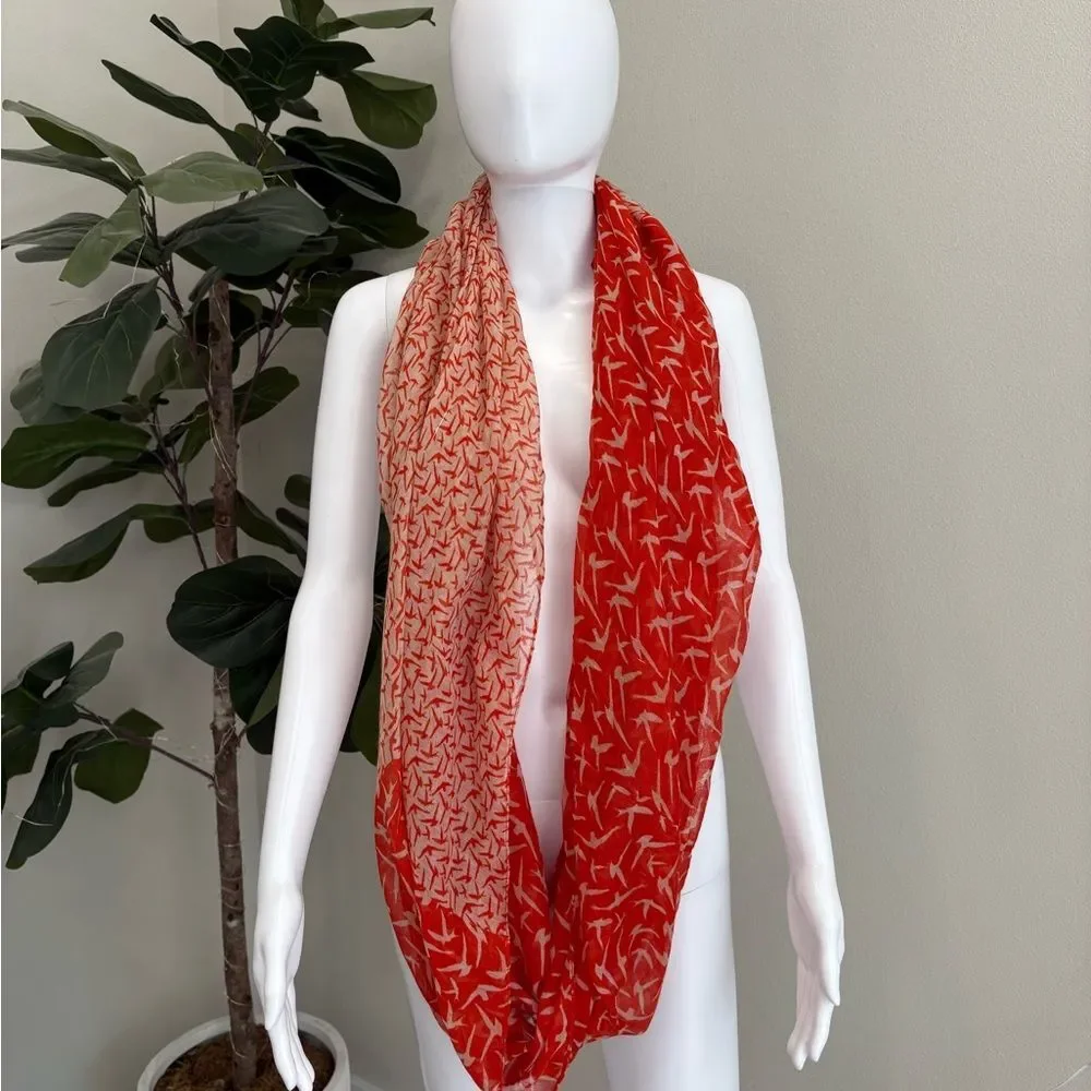 All Over Flying Bird Print Eternity Scarf Dark Orange & Ecru Lightweight Gauze